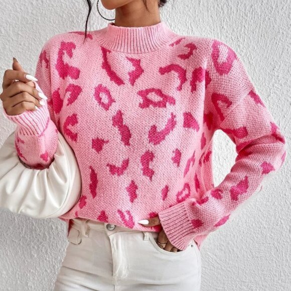 Casual Leopard Pattern Mock Neck Sweater Pink - Picture 4 of 5
